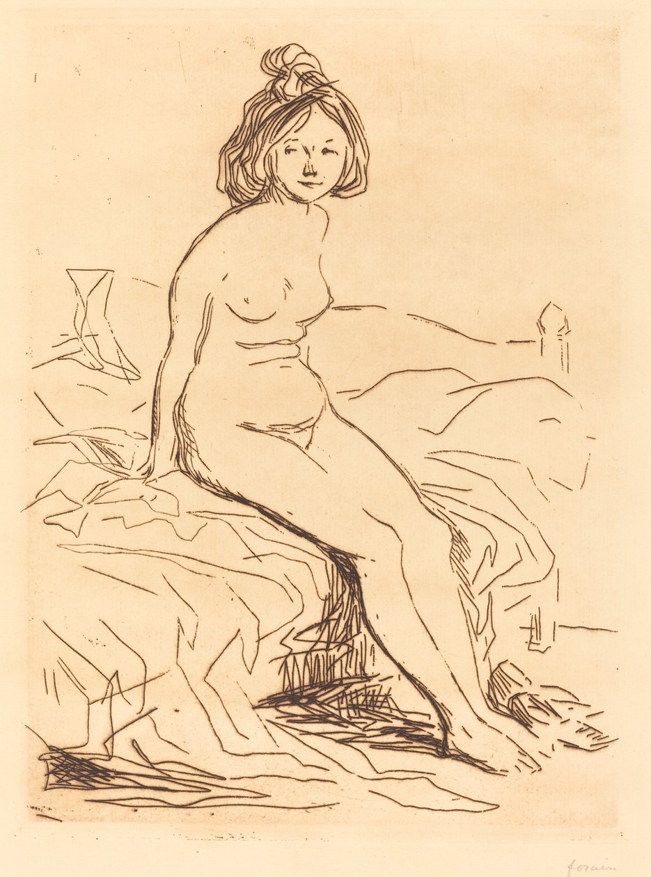 Mujer desnuda, sentada en su cama, vista frontal de Jean Louis Forain
