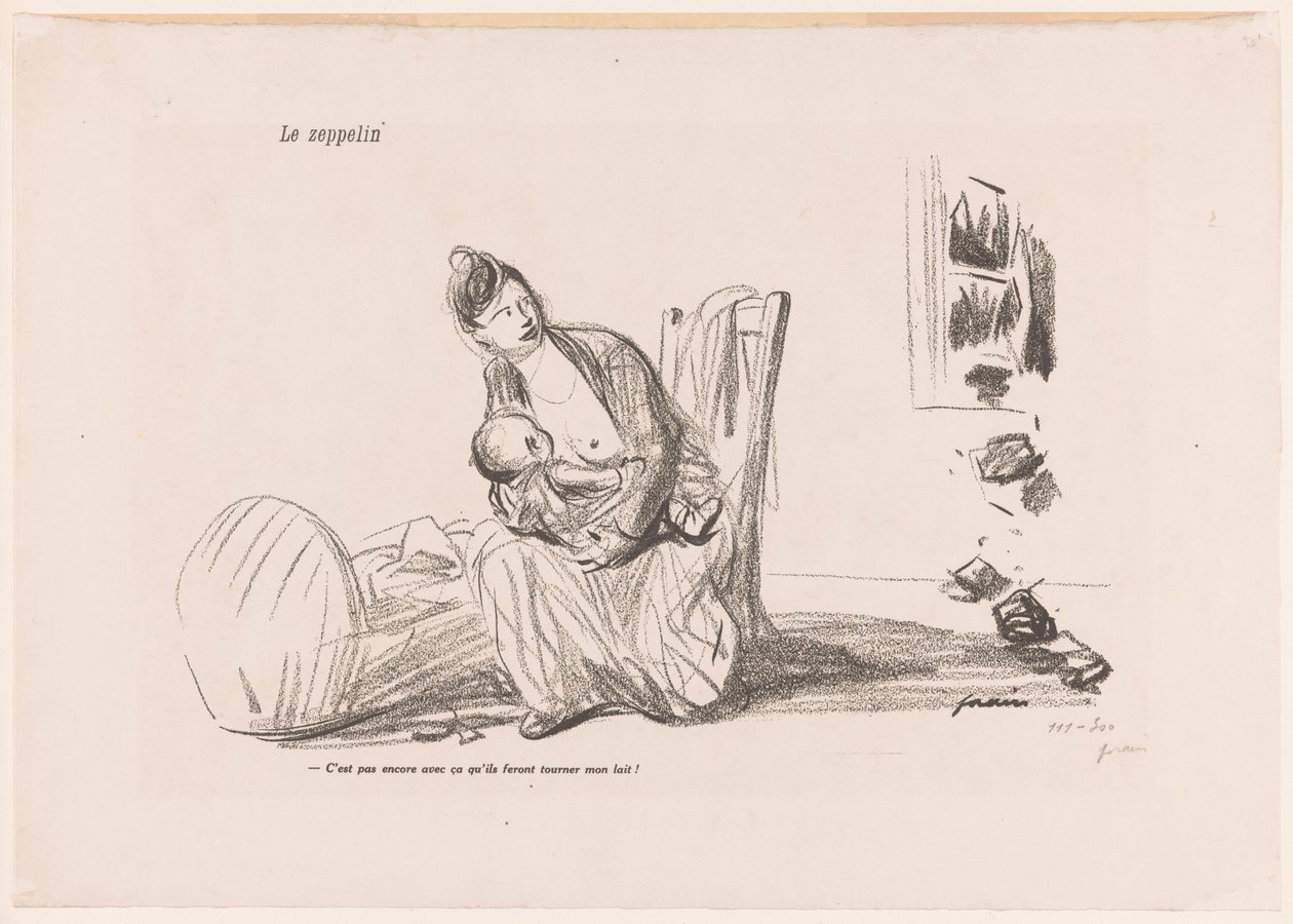 Una mujer amamanta a su hijo mientras las ventanas soplan
Le zeppelin (título en el objeto) de Jean Louis Forain