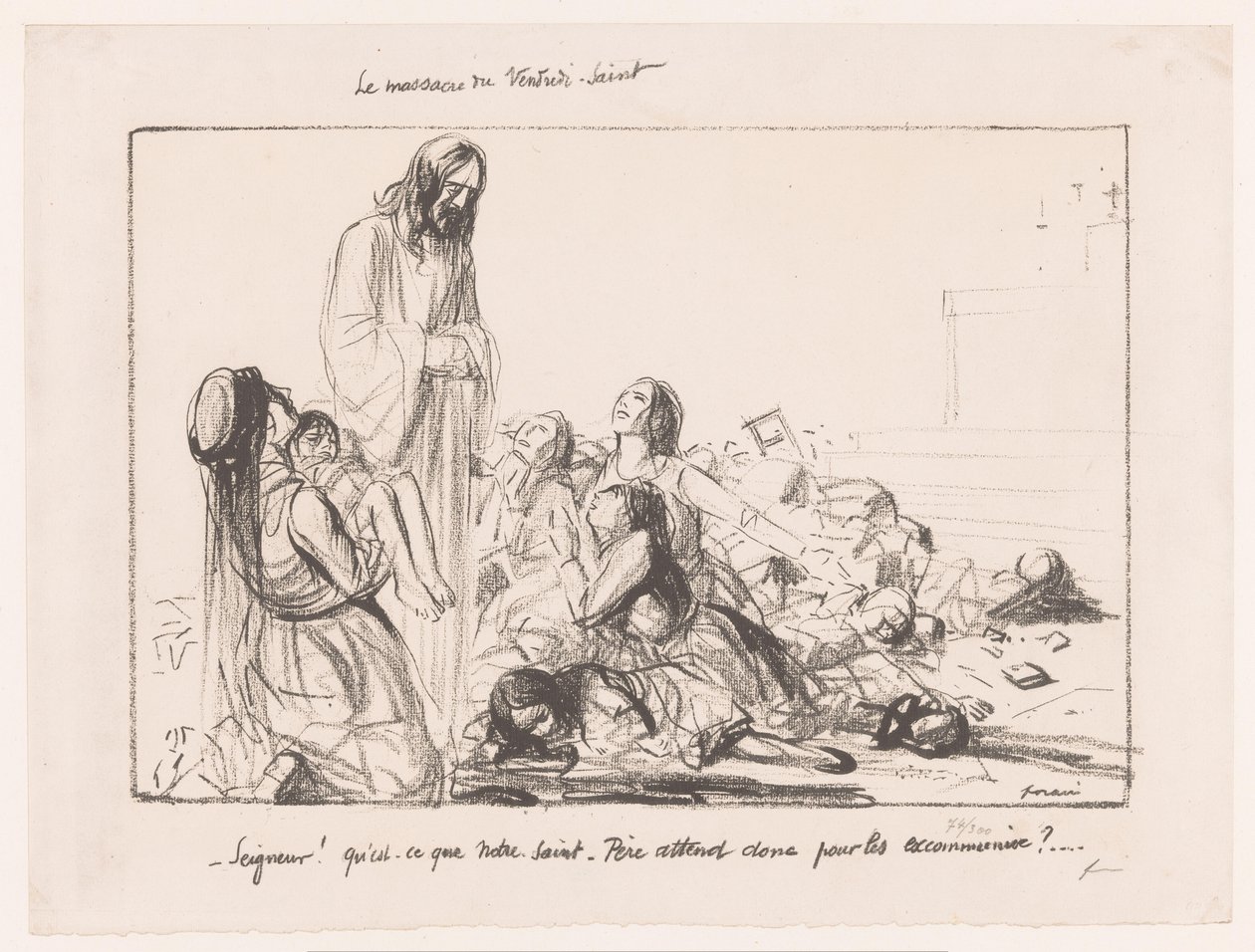 Las mujeres de la iglesia bombardeada denuncian a Cristo
Le massacre du Vendredi-Saint (título en el objeto) de Jean Louis Forain