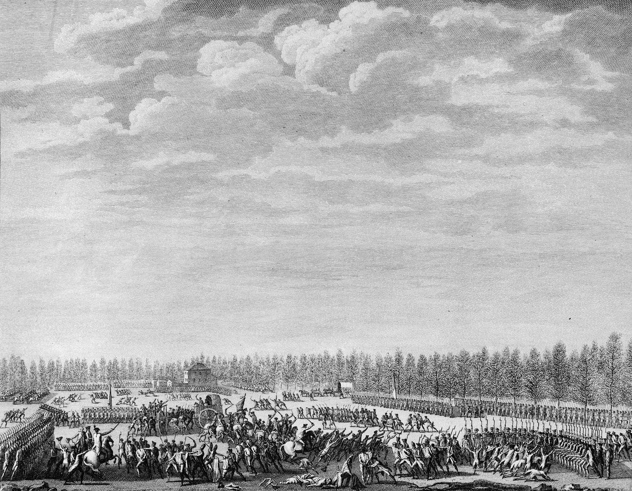 Revolución Francesa: Gilbert du Motier, Marqués de La Fayette (1757-1834) desarmó a doscientos soldados por indisciplina en los Campos Elíseos en París el 12 de enero de 1790. Grabado por Berthaut después de Prior. París, Biblioteca del Instituto de Histor de Jean Louis II (after) Prieur