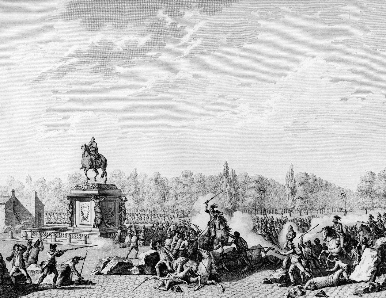 Revolución Francesa: Plaza Luis XV, los dragones de Charles Eugene de Lorraine, Príncipe de Lambesc cargaron un cortejo que llevaba los bustos de Jacques Necker y el Duque de Orleans el 12 de julio de 1789. Grabado por Berthaut después de Prior. París de Jean Louis II (after) Prieur