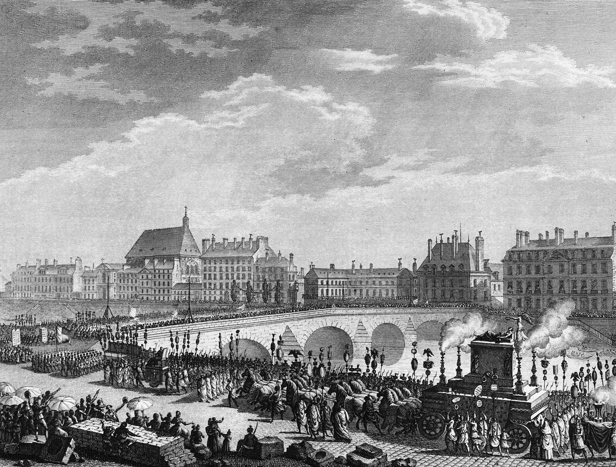 Revolución francesa: Triunfo de François Marie Arouet dit Voltaire (1694-1778) el 11 de julio de 1791 (el carro fúnebre de los restos de Voltaire pasa por el Puente Real). Grabado de Berthaut después de Prior. París, Biblioteca del Instituto de Historia de de Jean Louis II (after) Prieur