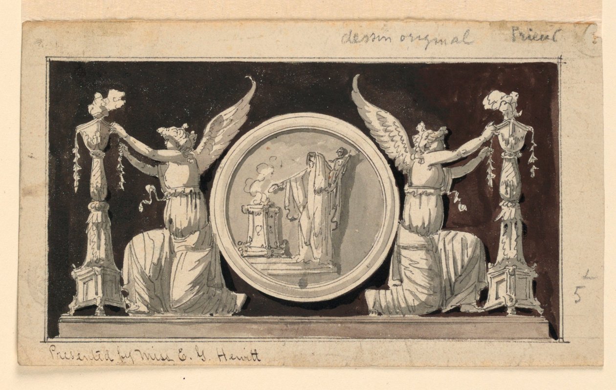 Panel decorativo: medallón con una escena de sacrificio entre dos victorias adornando candelabros de Jean Louis Prieur the Younger