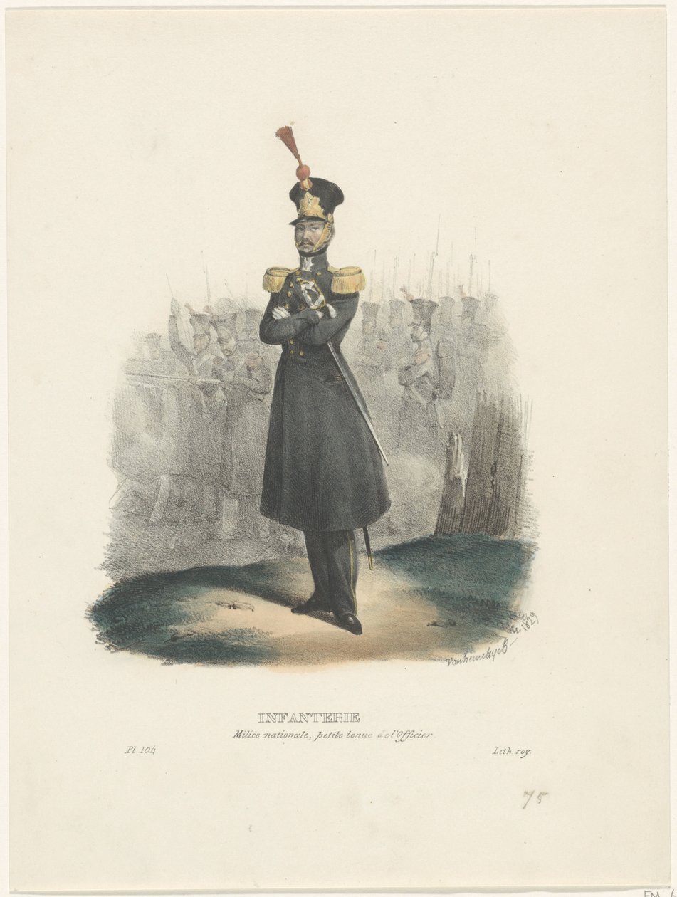 Oficial de la Milicia Nacional, 1829 Infantería / Milicia Nacional, desnudez de oficial (título sobre objeto) Trajes belgas: antiguos y modernos, militares, civiles y religiosos, 1830 (título de la serie) de Jean Louis Van Hemelryck