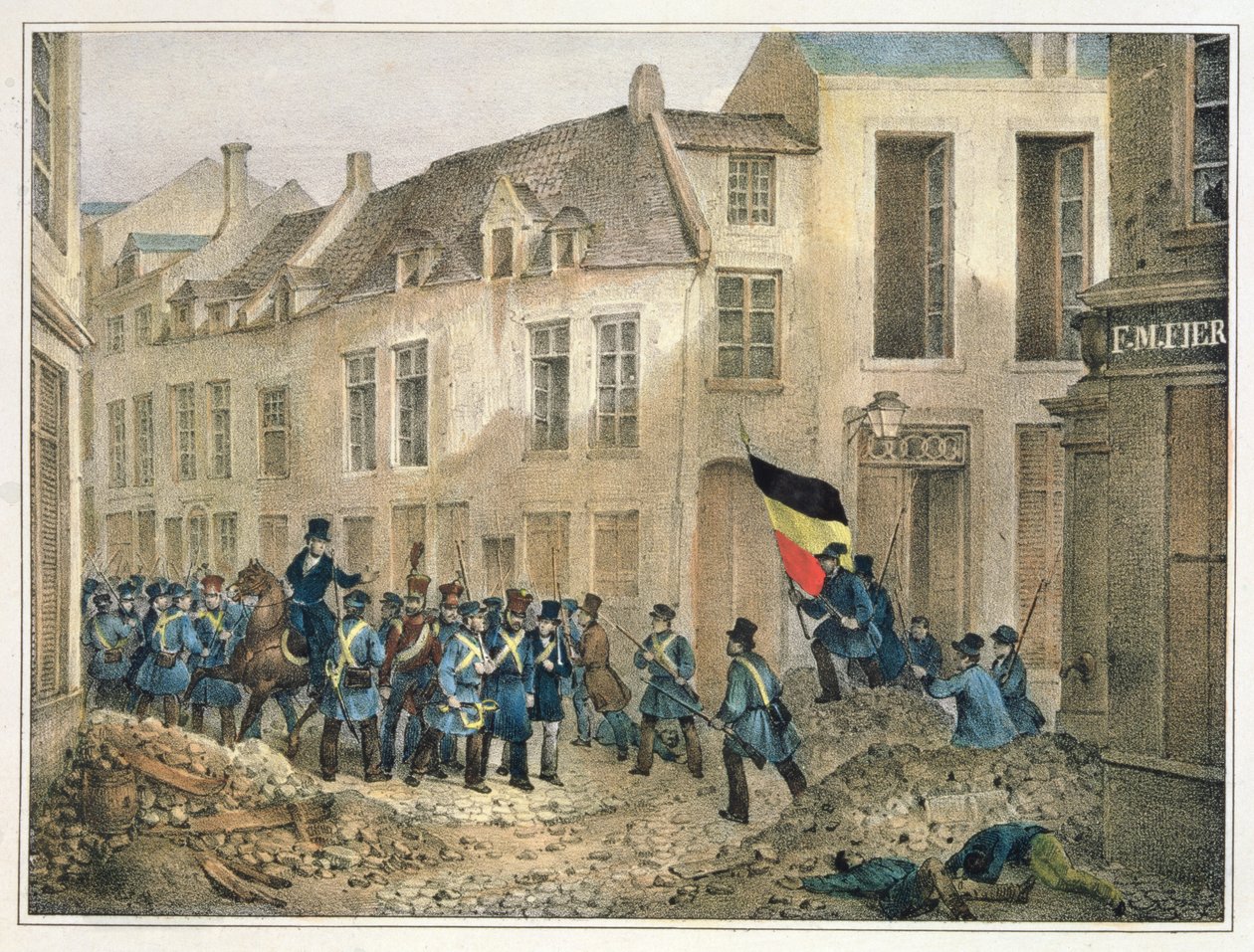 La Rue de Louvain, Bruselas, 23 de septiembre de 1830, grabado por A.M. Jobard de Jean Louis Van Hemelryck