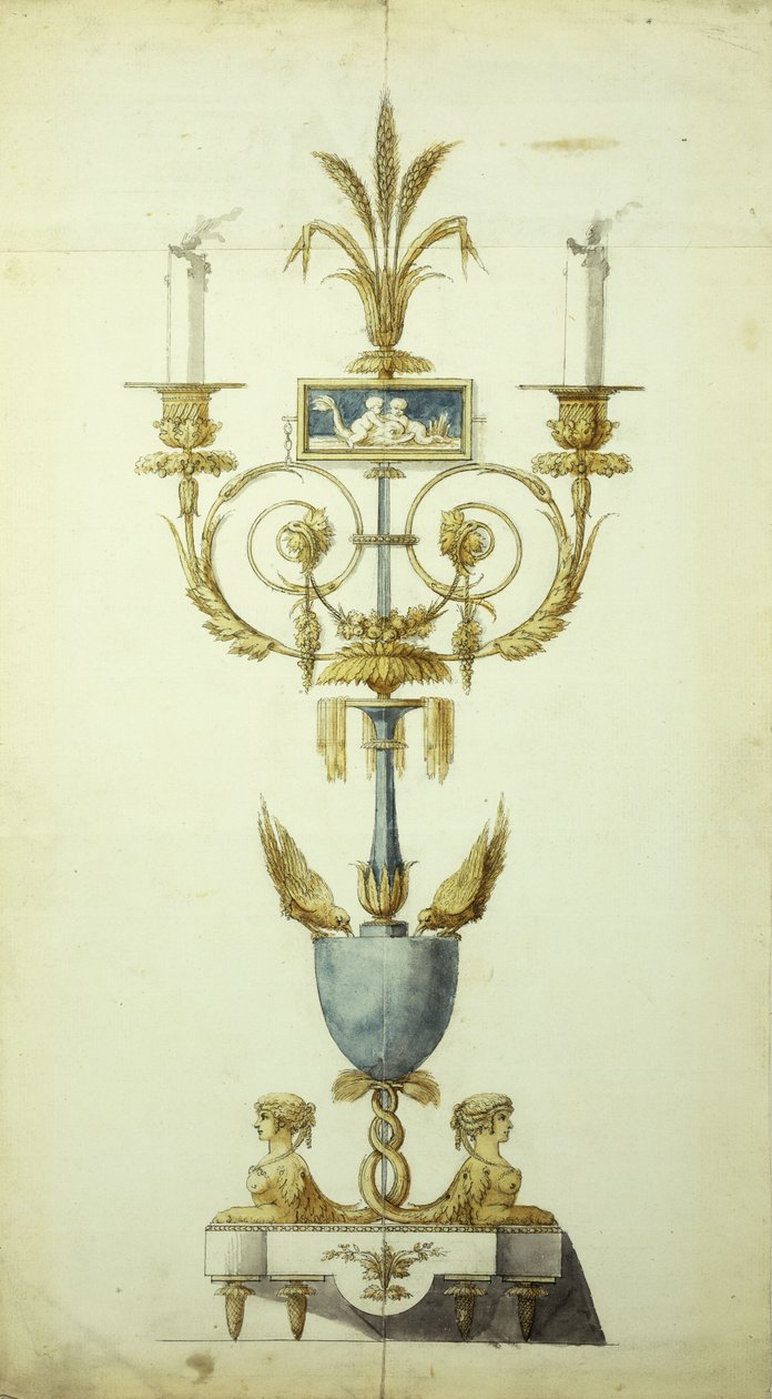 Diseño para un Candelabro de Bronce Dorado y Esmalte de Jean Louis the Younger Prieur