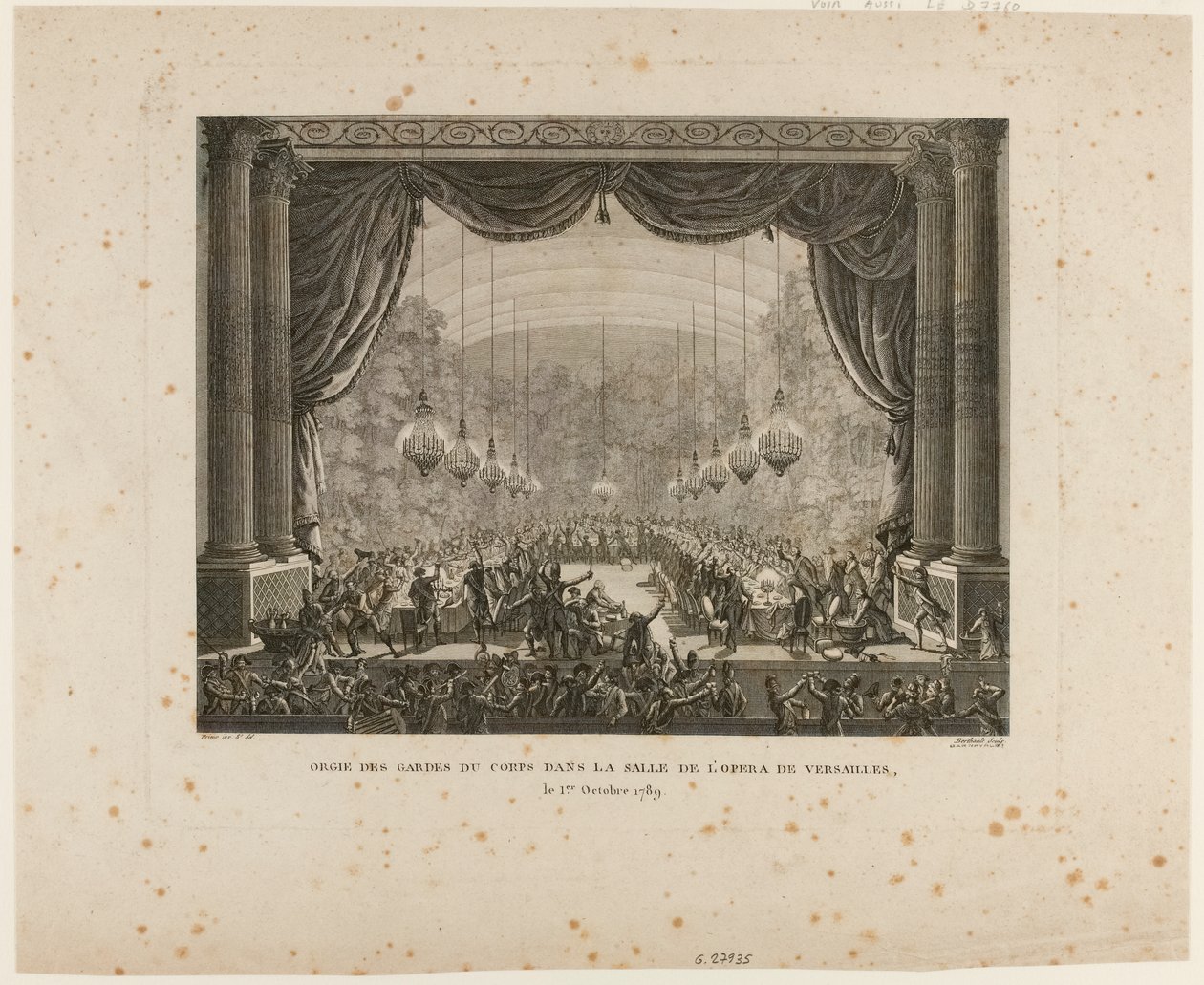 Fiesta de los Guardaespaldas, regimientos de Flandes, dragones de Montmorency y Guardias Nacionales de Versalles. Paseando la escarapela nacional, exhiben la escarapela negra, signo de la "Confederación Aristocrática" de Jean Louis the Younger Prieur