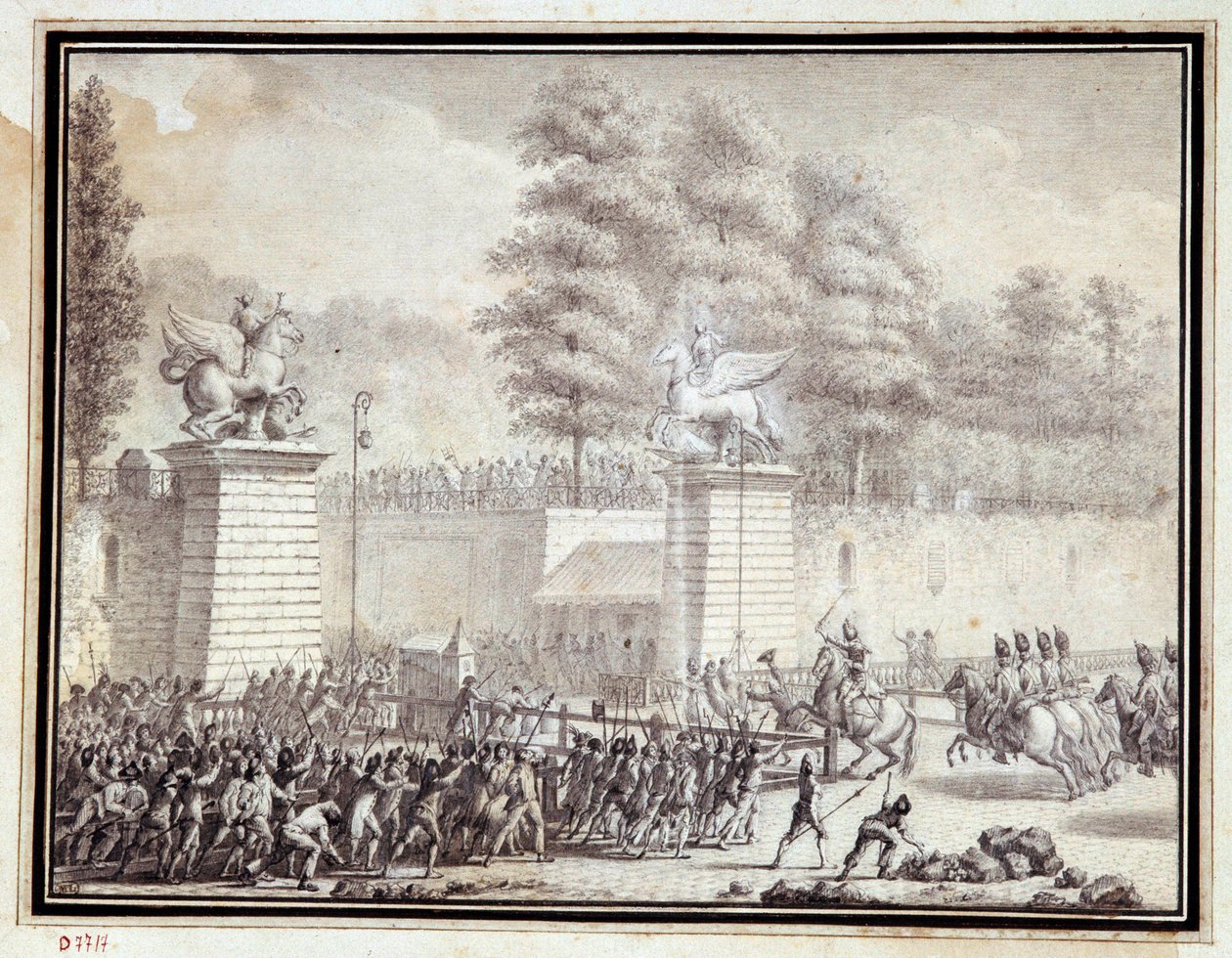 Revolución Francesa: Monsieur de Lambesc entrando en las Tullerías con un destacamento del Regimiento Real Alemán el 12 de julio de 1789 de Jean Louis the Younger Prieur