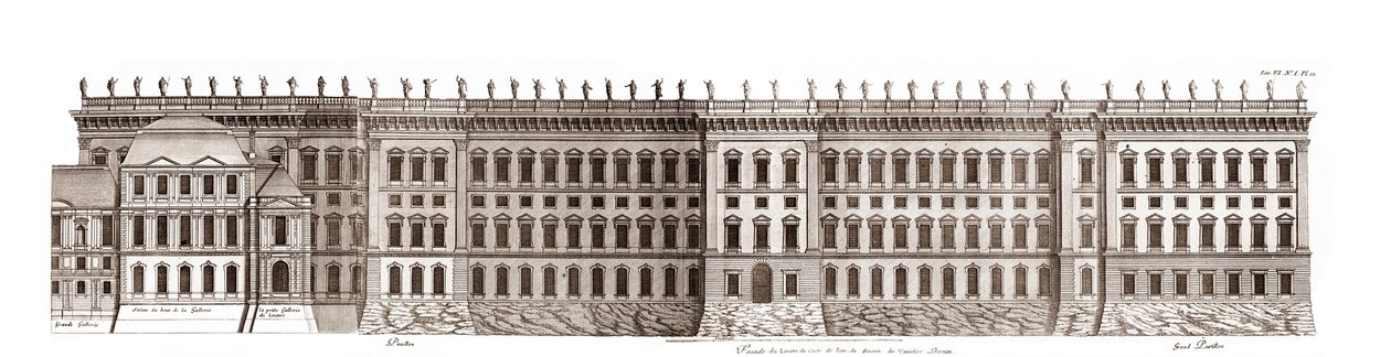 El Louvre en París, proyecto de Gian Lorenzo Bernini: elevación de la fachada principal frente al Sena - De 