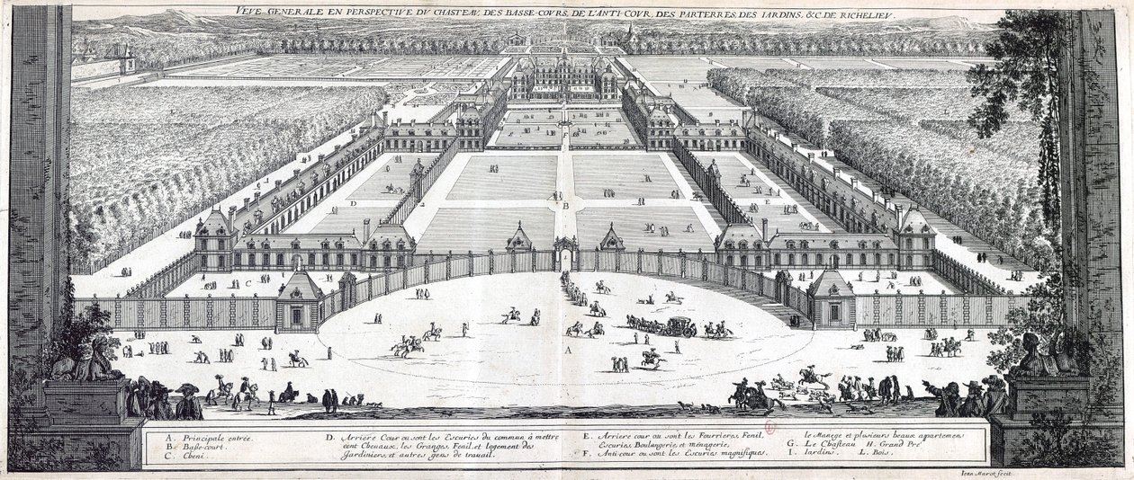 Perspectiva general del castillo de Richelieu, el patio de armas, los parterres, los jardines, etc. de Jean Marot