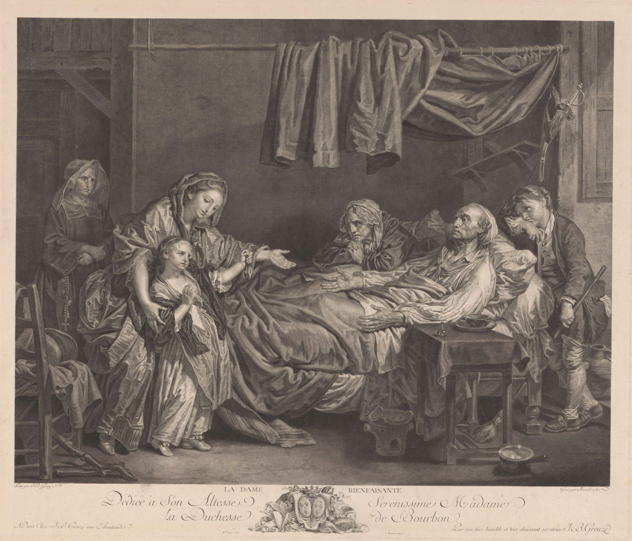 Familia alrededor de una cama enferma La Dame Bienfaisante (título sobre objeto) de Jean Massard