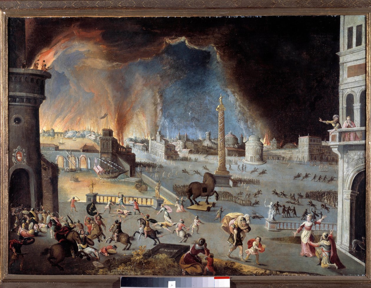 La toma de Troya Escena de la guerra de Troya, la ciudad es devastada por los griegos que penetran en la ciudad gracias al caballo. Pintura de Jean Maublanc (1582-1628). Siglo XVII. Besancon, musee des Beaux Arts - La caída de Troya - Escena de la guerra d de Jean Maublanc