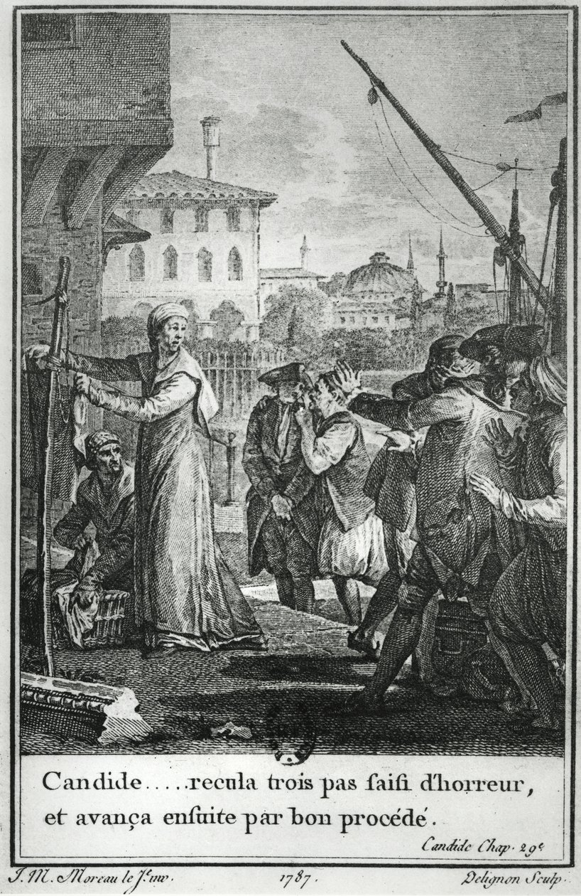 Cándido... retrocedió tres pasos horrorizado, y luego avanzó por buen proceder, ilustración del capítulo 29 de Cándido de François Voltaire (1694-1778) grabado por Jean Louis Delignon (1755-1804) 1787 de Jean Michel the Younger Moreau