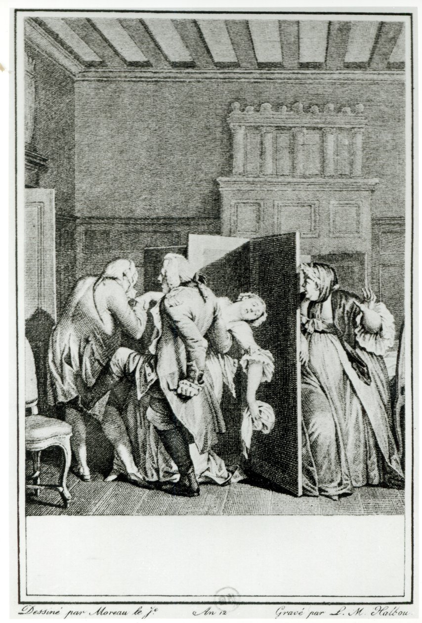 El barón... saludó a Cándido con algunas patadas notables en el trasero y lo echó de la casa, ilustración del capítulo 1 de Cándido de François Voltaire (1694-1778) grabado por Louis Michel Halbou de Jean Michel the Younger Moreau