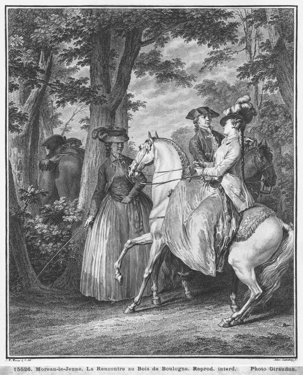 La reunión en el Bois de Boulogne, grabado por Heinrich Guttenberg (1749-1818) c.1777 de Jean Michel the Younger Moreau
