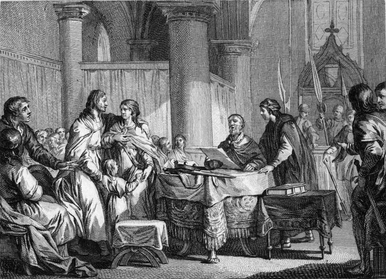 Abdicación de Carlomán (ca. 715-754), alcalde del palacio de Austrasia, en beneficio de su hermano, Pipino III llamado Pipino el Breve (714-768), 747. Grabado por Jean Michel Moreau, llamado Moreau el Joven (1741-1814) de Jean Michel the Younger Moreau