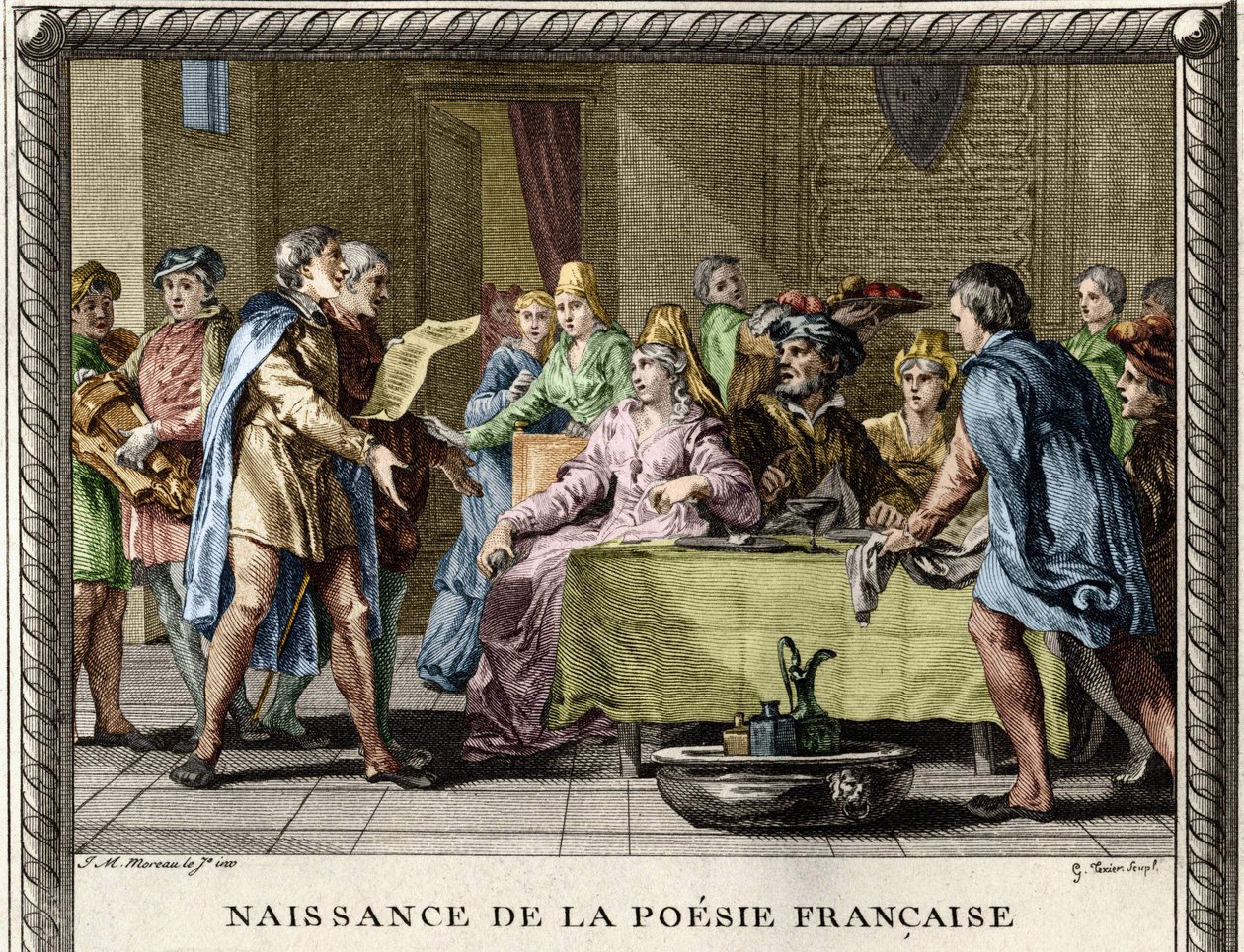 Nacimiento de la poesía francesa: Trovadores, seguidos por juglares y ménestrels, recitan los primeros poemas en francés durante las festividades entre los nobles en el siglo XII. Grabado de Moreau le Jeune de Jean Michel the Younger Moreau