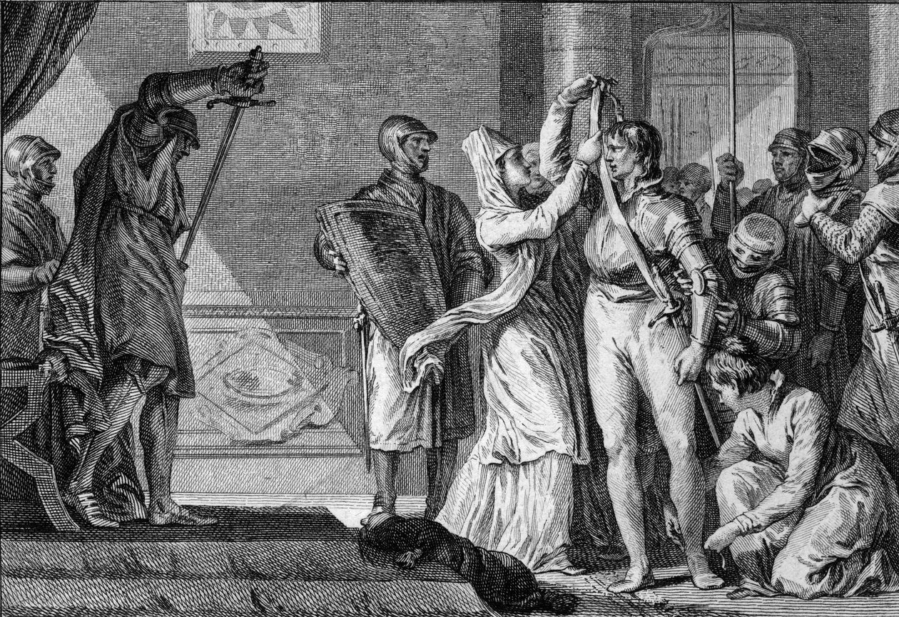 Ceremonia de investidura bajo los Capetos: las mujeres colocan un cinturón y espuelas doradas a un joven nombrado caballero, mientras los escuderos lo cubren con su armadura. Siglos X-XI. Grabado por Jean Michel Moreau, llamado Moreau el Joven (1741-1814) de Jean Michel the Younger Moreau