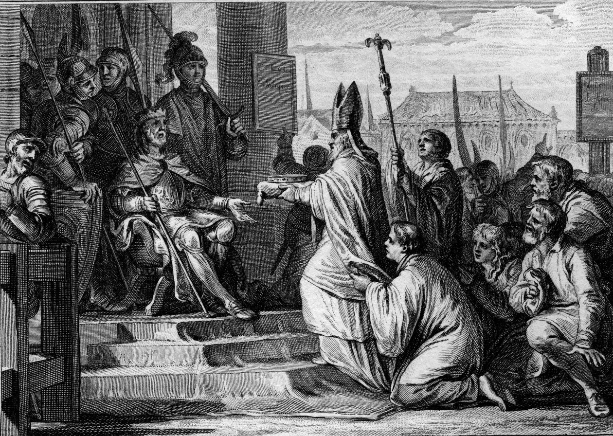 Carlomagno (747-814), rey de los Francos, recibiendo la corona de hierro de Lombardía de manos del obispo de Milán, 774. Grabado por Jean Michel Moreau, llamado Moreau le Jeune (1741-1814) de Jean Michel the Younger Moreau