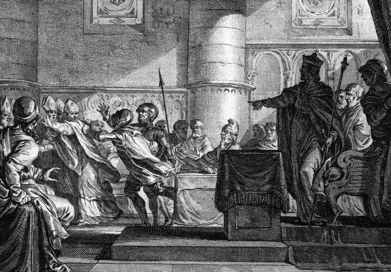 Clero entre clero y nobleza reunidos en el Parlamento en Epernay (Marne) por Carlos el Calvo (846). Grabado por J. P. Le Bas después de Moreau le jeune. Siglo XVIII de Jean Michel the Younger Moreau