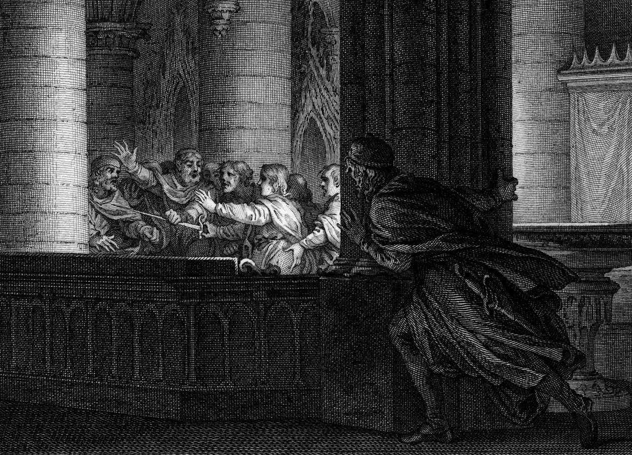 Conspiración contra Carlomagno, 792: un señor sorprende la conversación entre conspiradores que planean el asesinato del Rey de los Francos. Entre ellos, Pepino el Jorobado (769-811), hijo de Carlomagno. Grabado por Jean Michel Moreau, llamado Moreau le Je de Jean Michel the Younger Moreau