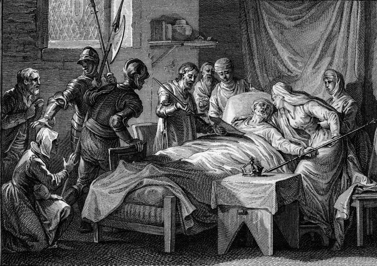 Muerte y sucesión de Carlos II el Calvo (823-877), 877: el rey entregó a la emperatriz la corona imperial, su cetro dorado, la espada de San Pedro y un testamento por el cual designa a su hijo Luis el Tartamudo como heredero. Grabado por J de Jean Michel the Younger Moreau