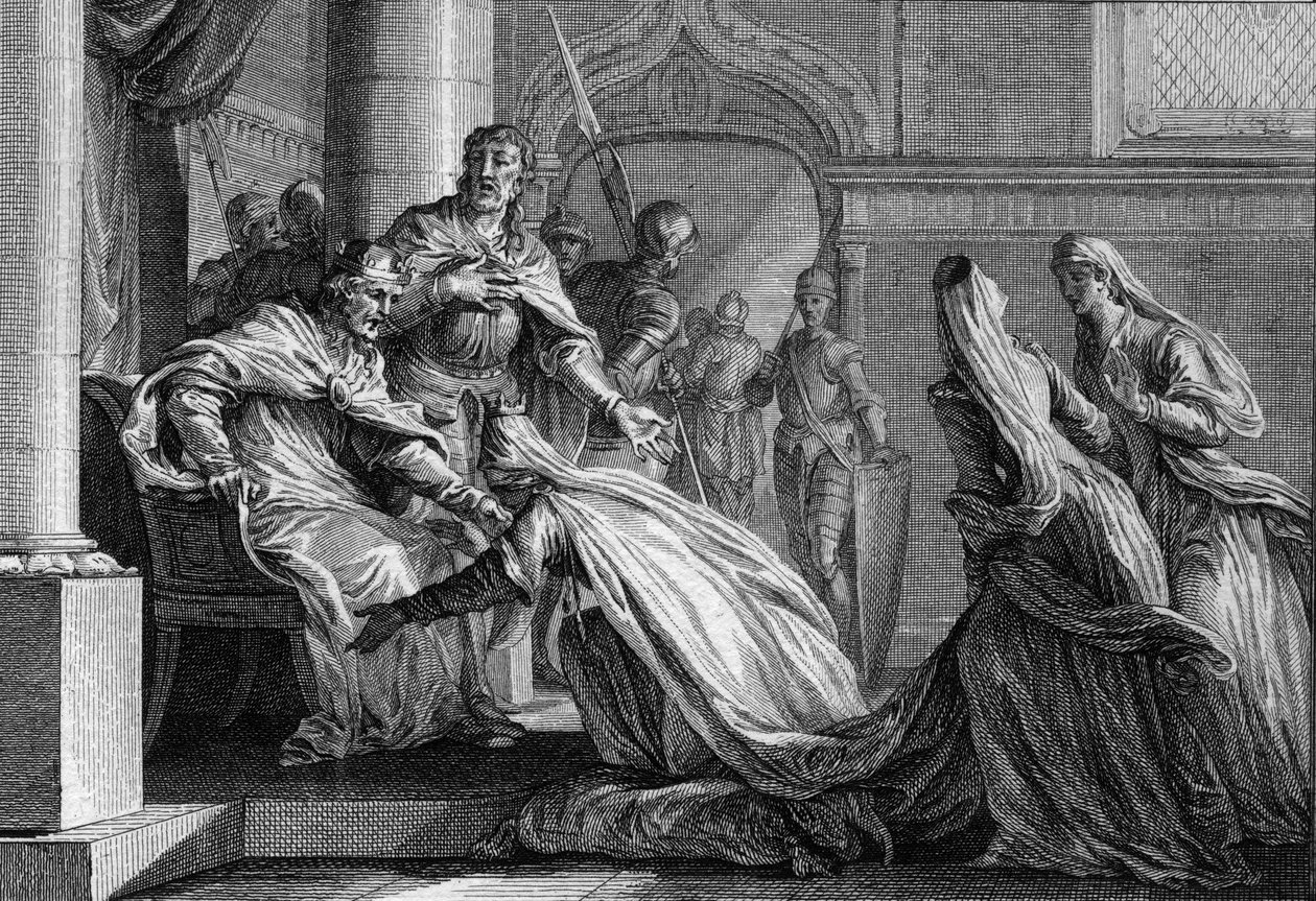 Emma de Francia (894-934), hermana de Hugo el Grande (897-956), se postra a sus pies. Casada con Raúl de Borgoña (o Rodolfo, 890-936), decidió, a petición de su hermano, dar la corona de Francia a su esposo, declarando 