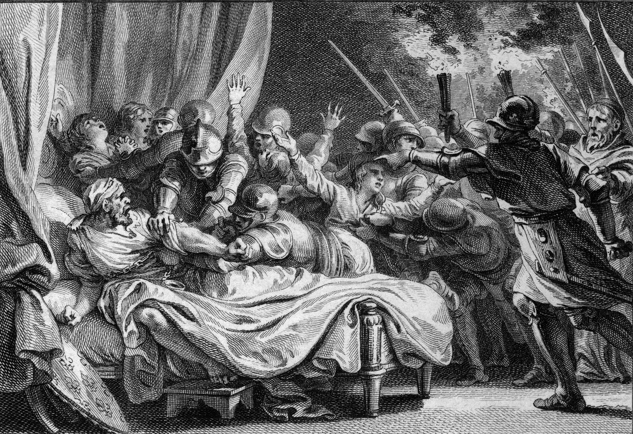 Fin de la dinastía carolingia, 988: arresto de Carlos (953-991), Duque de Baja Lorena, por Hugo Capeto (941-996) y su ejército. (grabado por Jean Michel Moreau, dit Moreau le Jeune) de Jean Michel the Younger Moreau