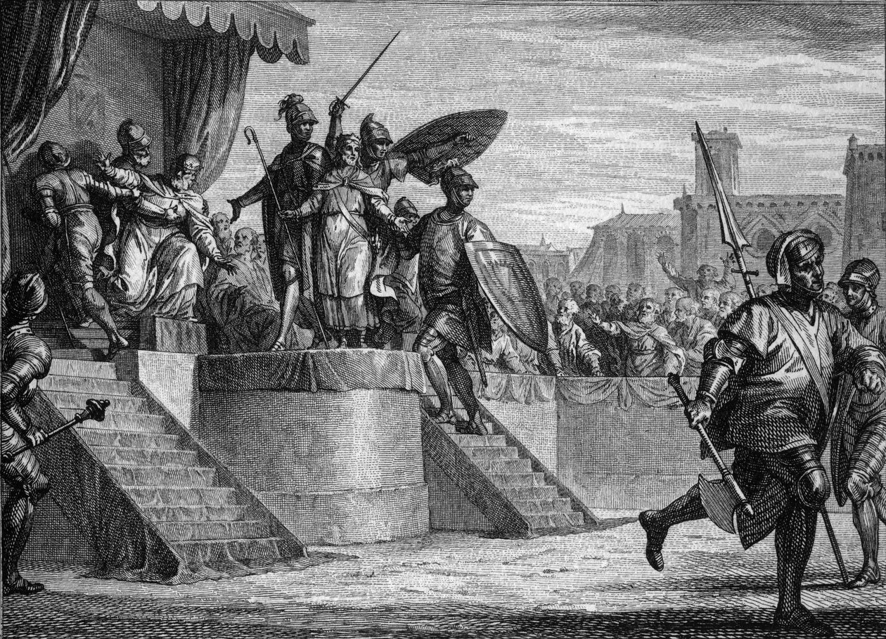 Fin de la dinastía merovingia, 751: deposición del Rey Childerico III (ca. 714-754) por Pipino el Breve (714-768). Grabado por Jean Michel Moreau, llamado Moreau le Jeune (1741-1814) de Jean Michel the Younger Moreau