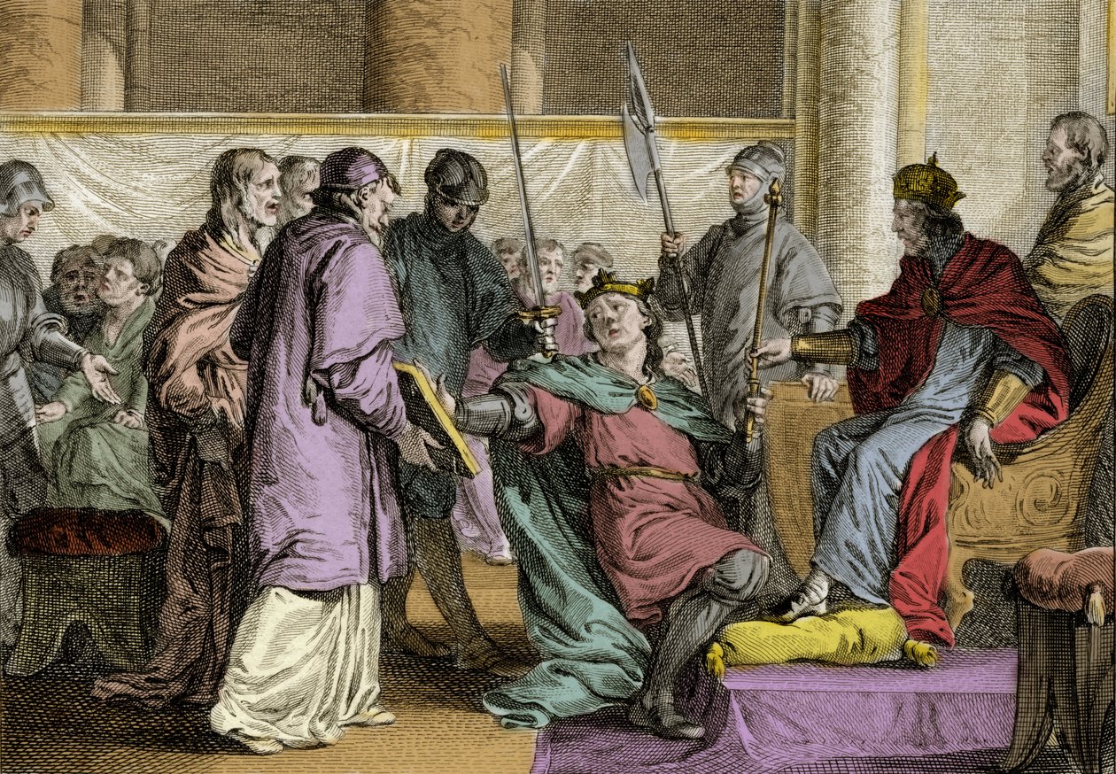 Erispoe (muerto en 857), Rey de Bretaña (Herispogius - Hervspogius - Respogius) recibió los ornamentos del reino de manos de Carlos II el Calvo (823-877), 851. Grabado por Jean Michel Moreau, llamado Moreau el Joven (1741-1814) de Jean Michel the Younger Moreau