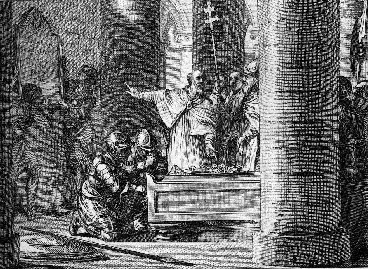 Fulrade (Fulrad), el gran capellán de Pipino el Breve, ofreció al Papa Esteban II las llaves de quince ciudades tomadas a los lombardos que formarían la base del estado pontificio (755). De rodillas, los dos hijos de Pipino el Breve: Carlos y Carlomán de Jean Michel the Younger Moreau