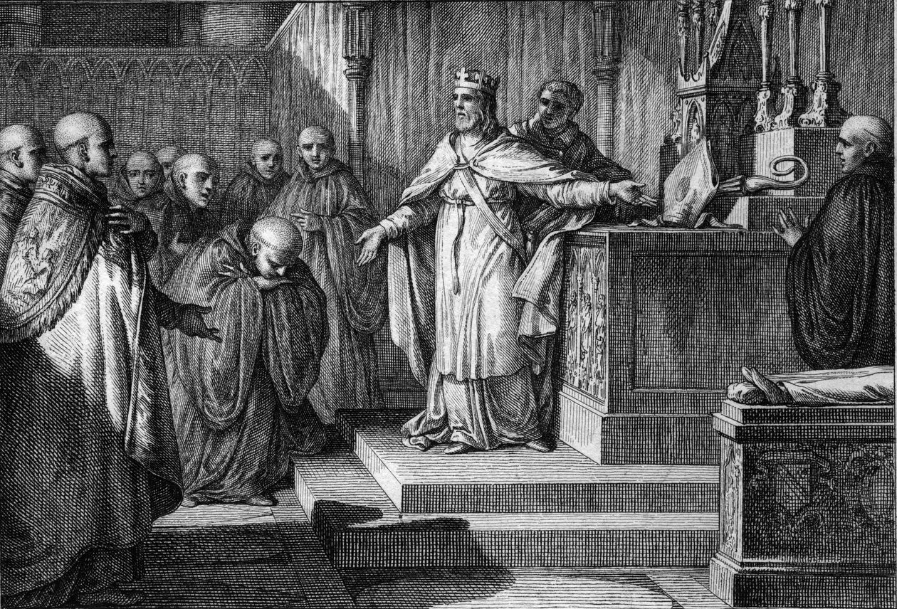 Hugo Capeto (941-996) restableció las elecciones canónicas: el rey de los francos permitió a los monjes elegir a sus abades colocando en un altar un báculo y una mitra. Grabado por Jean Michel Moreau, llamado Moreau el Joven (1741-1814) de Jean Michel the Younger Moreau