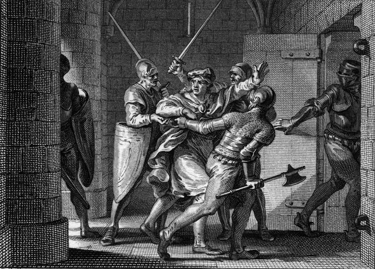 Encarcelamiento de Carlos III el Simple (879-929), 923: Creyendo encontrar refugio con Herbert de Vermandois, el antiguo rey de los Francos fue traicionado por este último y enviado a prisión. Grabado por Jean Michel Moreau, llamado Moreau le Jeune (1741-1 de Jean Michel the Younger Moreau