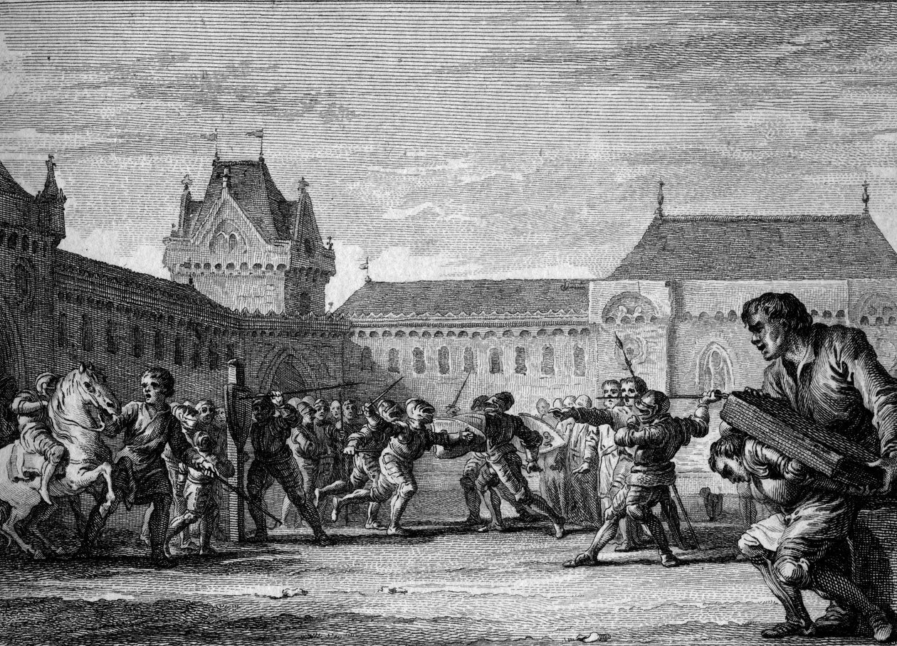 Institución de pajes: establecimiento de formación en las tareas físicas y domésticas del oficio de paje. Período carolingio, reinado de Carlomagno, siglos VIII-IX. Grabado de Jean Michel Moreau, llamado Moreau el Joven (1741-1814) de Jean Michel the Younger Moreau