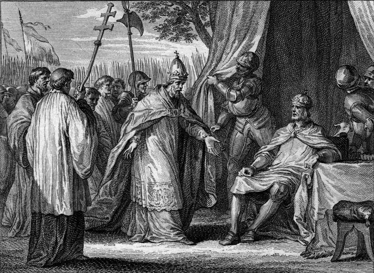 Entrevista entre el Papa Gregorio IV (fallecido en 844) y Luis I el Piadoso o el Debonario (778-840), en 833, para resolver la disputa entre el rey y sus hijos, Lotario, Pepino y Luis. Grabado por Jean Michel Moreau, llamado Moreau el Joven (1741-1814) de Jean Michel the Younger Moreau