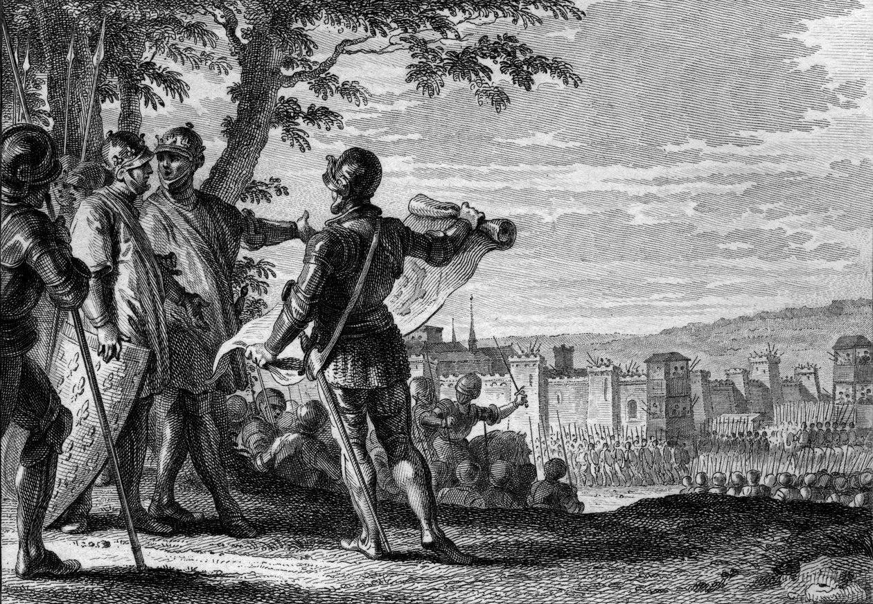 El rey Luis III (863-882) y Carlomán II (867-884) sitiando la ciudad de Viena, 883. Grabado por Jean Michel Moreau, conocido como Moreau le Jeune (1741-1814) de Jean Michel the Younger Moreau