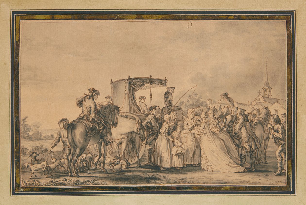 María Antonieta, saliendo de su carruaje y rodeada por su cortejo, consolando a un campesino, 1773 de Jean Michel the Younger Moreau