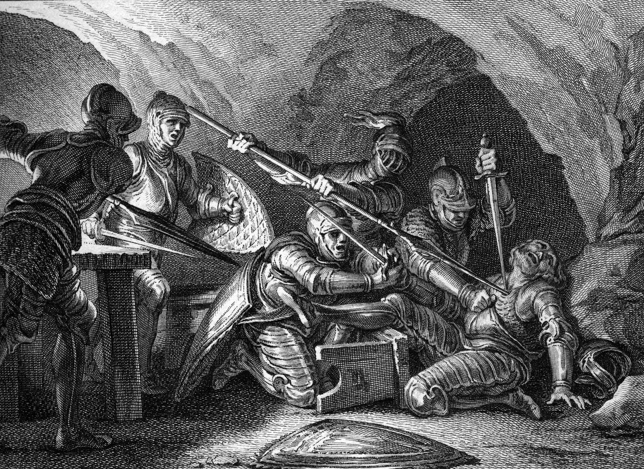 Reunión del Ducado de Aquitania a la Corona: Asesinato de Waifre (o Gaifier), Duque de Aquitania (767 o 768). Grabado por Romanet después de Moreau le jeune (1779). de Jean Michel the Younger Moreau
