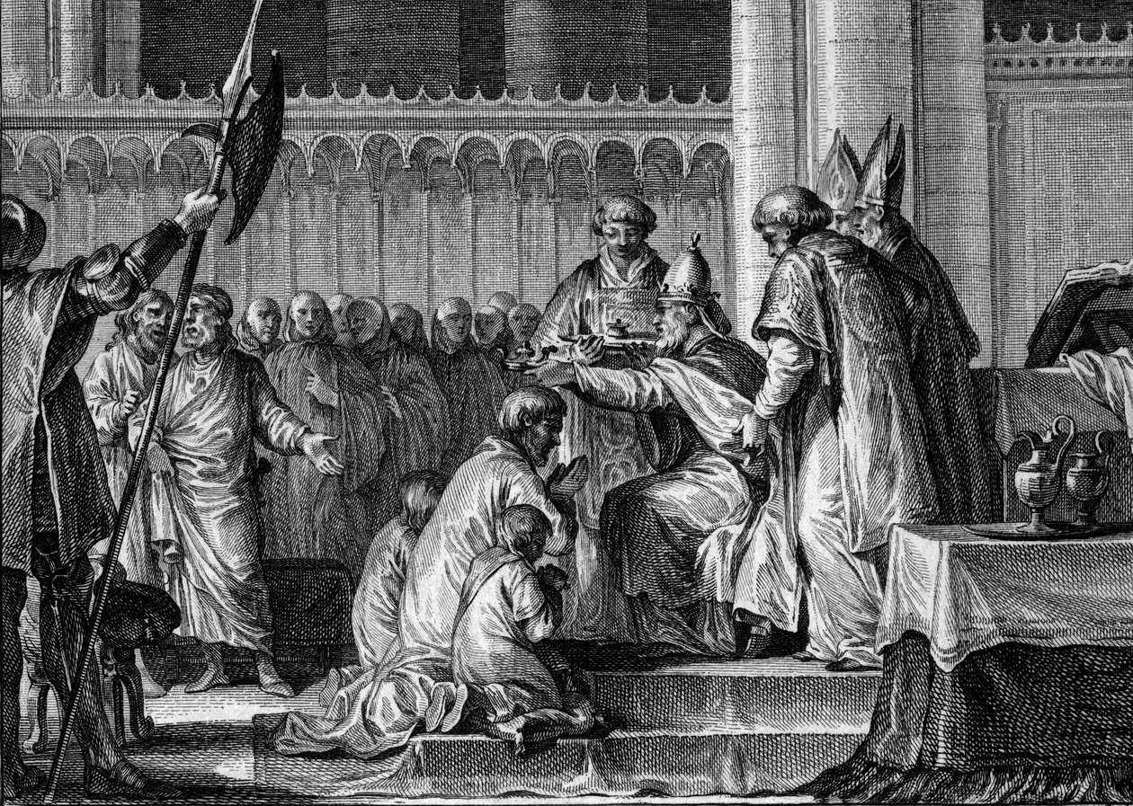 Sagrado Pipino el Breve (714-768), Basílica de Saint Denis, 28 de julio de 754: el Papa Esteban II lo consagró rey de los Francos y Patricio de los Romanos (Patricius Romanorum). A su lado, sus dos hijos, Carlomán y Carlos (el futuro Carlomagno). Grabado de Jean Michel the Younger Moreau