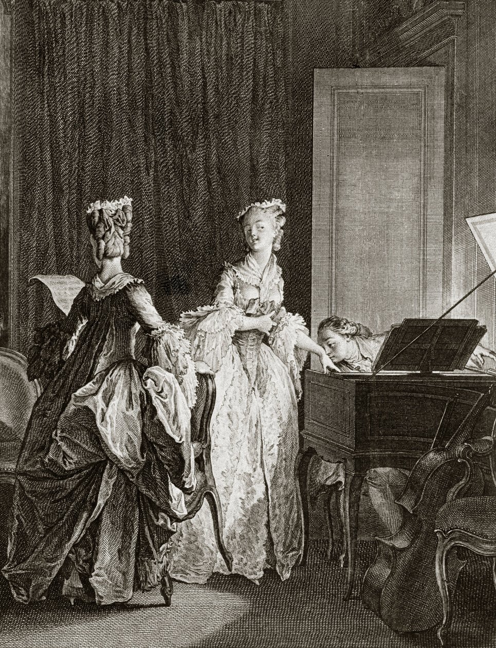 Saint Preux y Claire en el clavecín en “Julie ou la nouvelle Héloïse” por el filósofo suizo Jean Jacques Rousseau (1712-1778) - grabado por Moreau le jeune, Jean Michel (1741-1814) de Jean Michel the Younger Moreau
