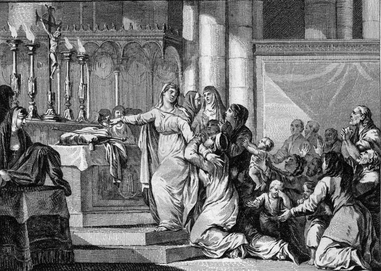 Santa Bathilde (626-680), Reina de los Francos y viuda de Clodoveo II, decidió tomar el velo en el monasterio de Chelles en 665. Sus súbditos intentan detenerla. (grabado por Jean Michel Moreau, dit Moreau le Jeune) de Jean Michel the Younger Moreau