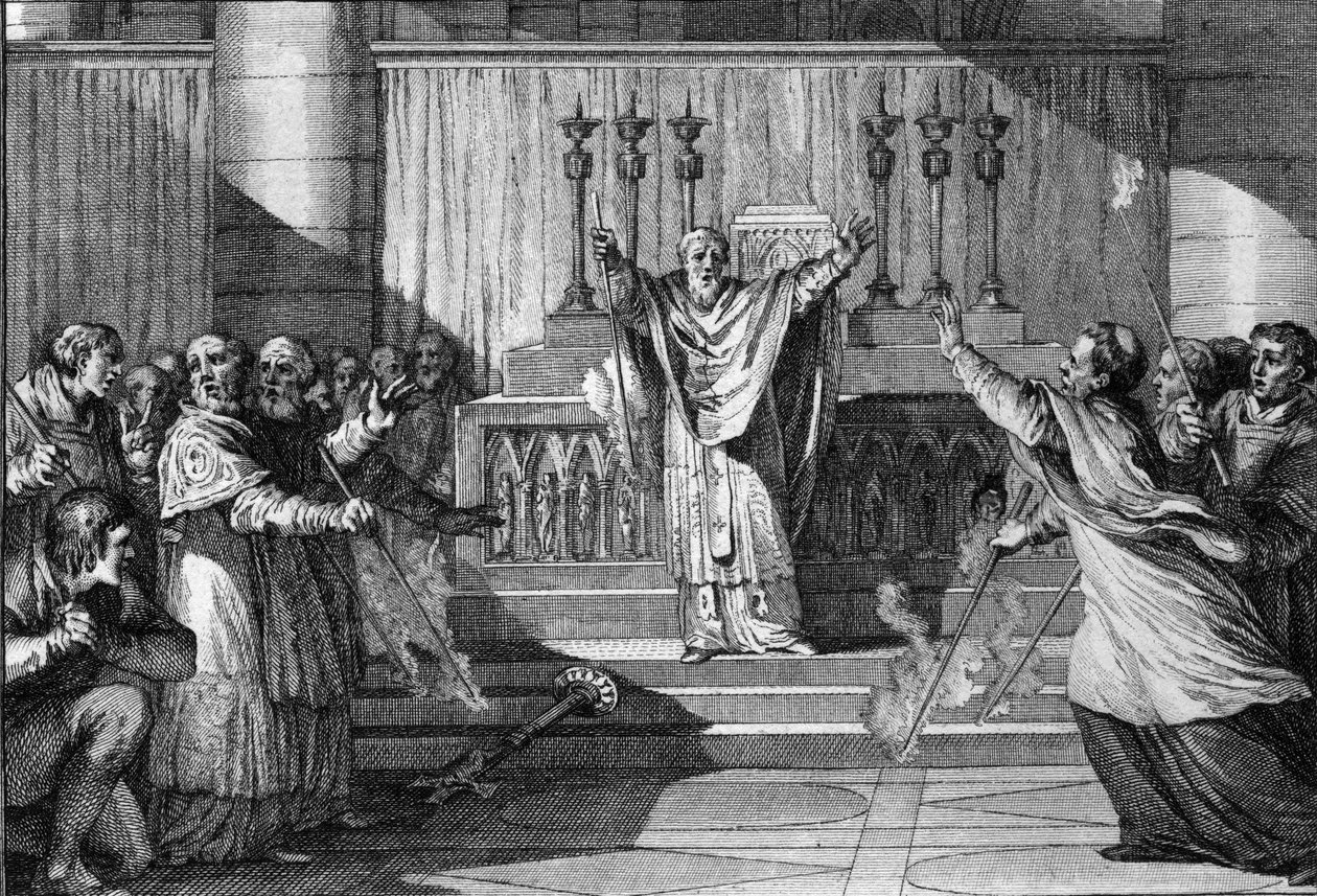 Escena de excomunión bajo los Capetos: colocamos la cruz en los escalones del altar, invertimos las velas encendidas, mientras los clérigos reúnen la excomunión maldita. Siglo X. Grabado por Jean Michel Moreau, llamado Moreau le Jeune (1741-1814) de Jean Michel the Younger Moreau