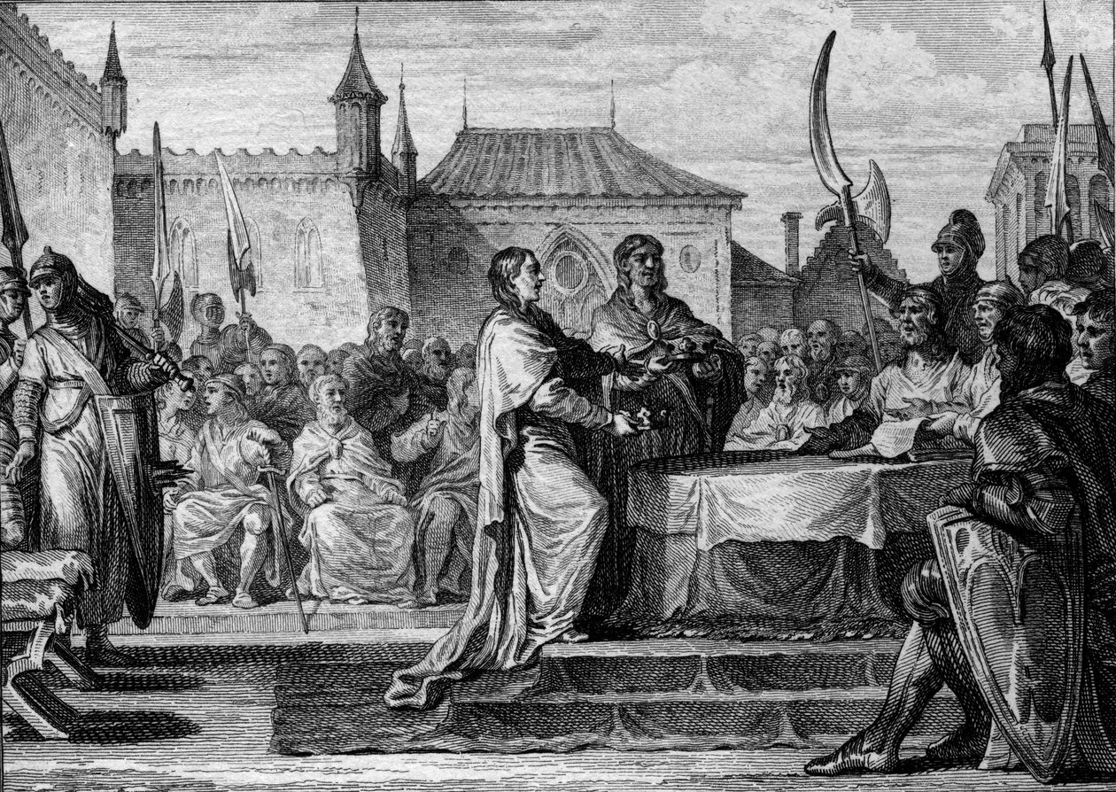 Sucesión de Pipino el Breve, 768: una asamblea decidió dividir el reino entre sus dos hijos, Carlomagno (747-814) y Carlomán (ca. 751-771), rompiendo así los arreglos hechos por Pipino el Breve. Grabado por Jean Michel Moreau, llamado Moreau le Jeune de Jean Michel the Younger Moreau