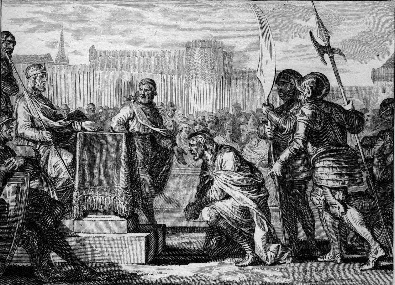 Tassilon III (Tassillon, Tassilo, 742-794), Duque de Baviera, se postra ante Carlomagno (747-814), Rey de los Francos, en Ingelheim, 788. Fue condenado por traición y sentenciado a muerte pero terminó su vida en un monasterio. Grabado por Jean Michel Morea de Jean Michel the Younger Moreau
