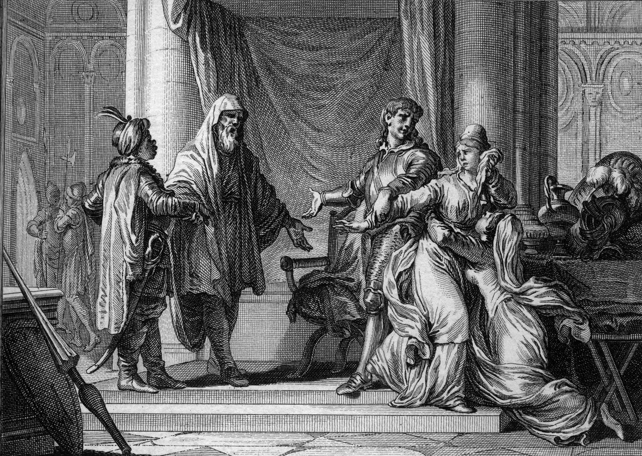 La Princesa de Aquitania, Lampagie, fue obligada por su padre (Eudes) a casarse con el capitán moro Munuza (Uthman ibn Naissa) para asegurar la paz con los sarracenos, 730. (grabado por Jean Michel Moreau, dit Moreau le Jeune) de Jean Michel the Younger Moreau