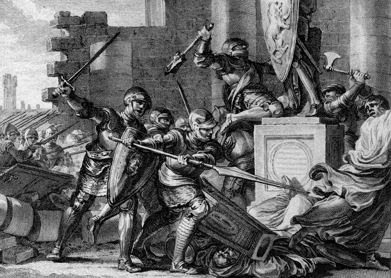 Guerra contra los sajones, 772: destrucción del templo y el ídolo de Irminsul, la deidad pagana de los sajones, por el ejército de Carlomagno. Ehresburg, Alemania. Grabado por Jean Michel Moreau, llamado Moreau le Jeune (1741-1814) de Jean Michel the Younger Moreau