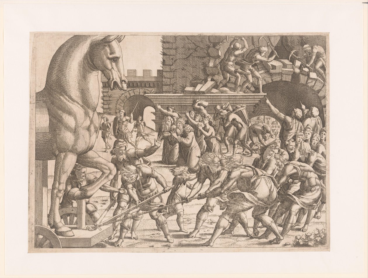 Trayendo el Caballo de Troya Historia de la Guerra de Troya (título de la serie) de Jean Mignon (attributed to)