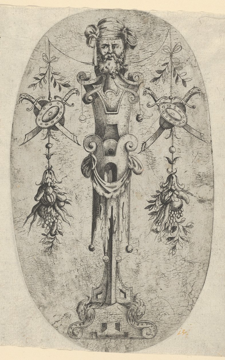 Figura terminal masculina, cabeza con barba y turbante en un pedestal de tres cuartos de Jean Mignon