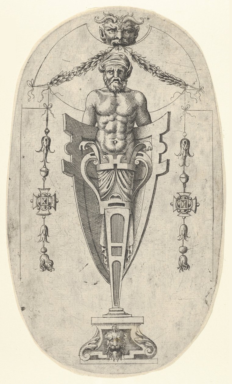 Figura terminal masculina, torso con barba y turbante en un pedestal de medio cuerpo, ca. 1543 de Jean Mignon