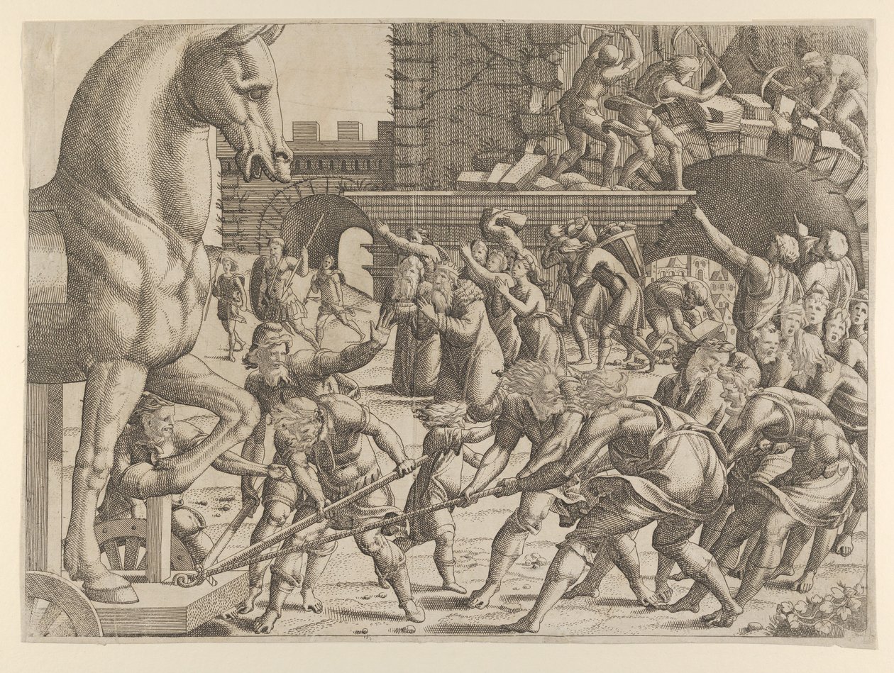 Los troyanos llevan el caballo de madera a su ciudad, 1535-55 de Jean Mignon